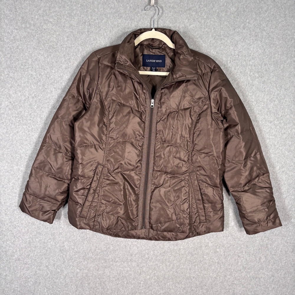 Lands End Down Puffer Jacket Medium Petite Bronze Metallic Quilted Packable Warm